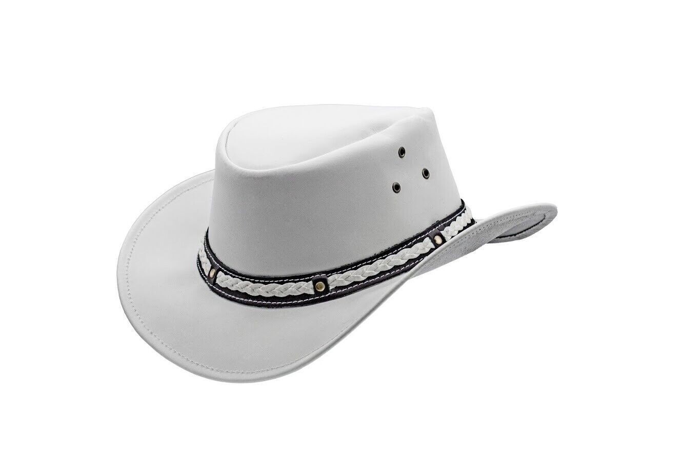 Men & Women White Premium Leather Water Resistant Outback Cowboy Hat, Unisex