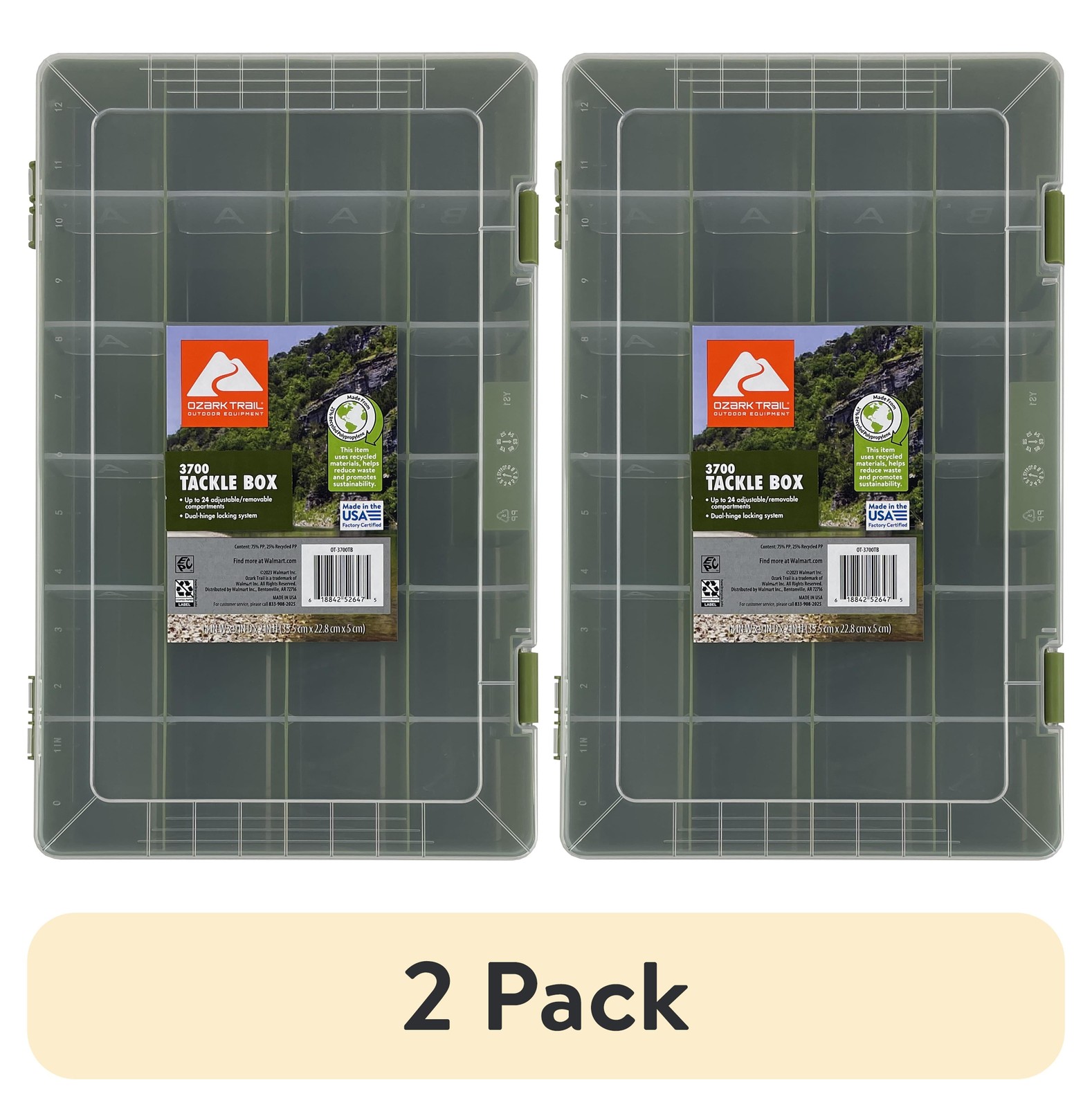 (2 pack) Ozark Trail Large Plastic Tray Fishing Tackle Box 3700, Green