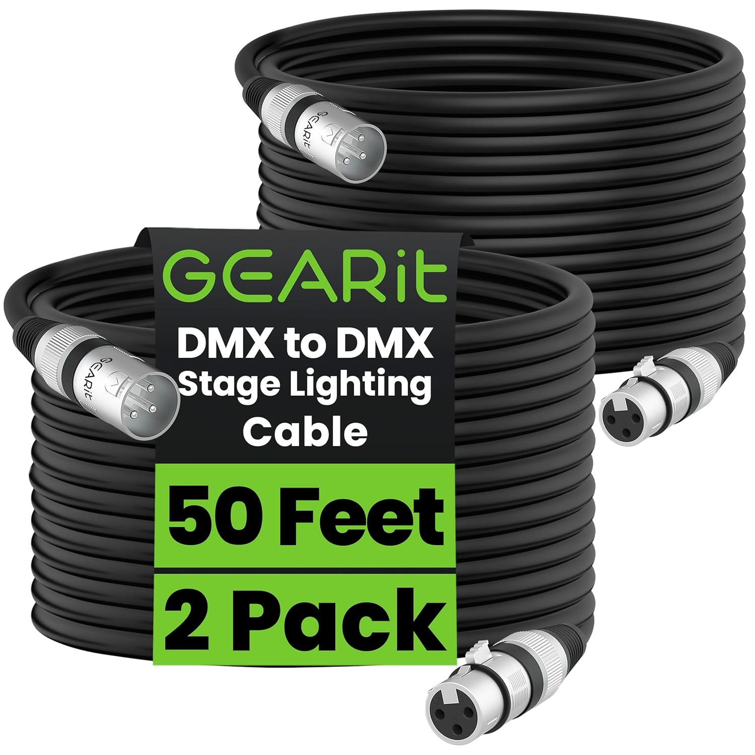 GEARit DMX to DMX Stage Lighting Cable (50 Feet, 2-Pack) DMX Male to Female (XLR