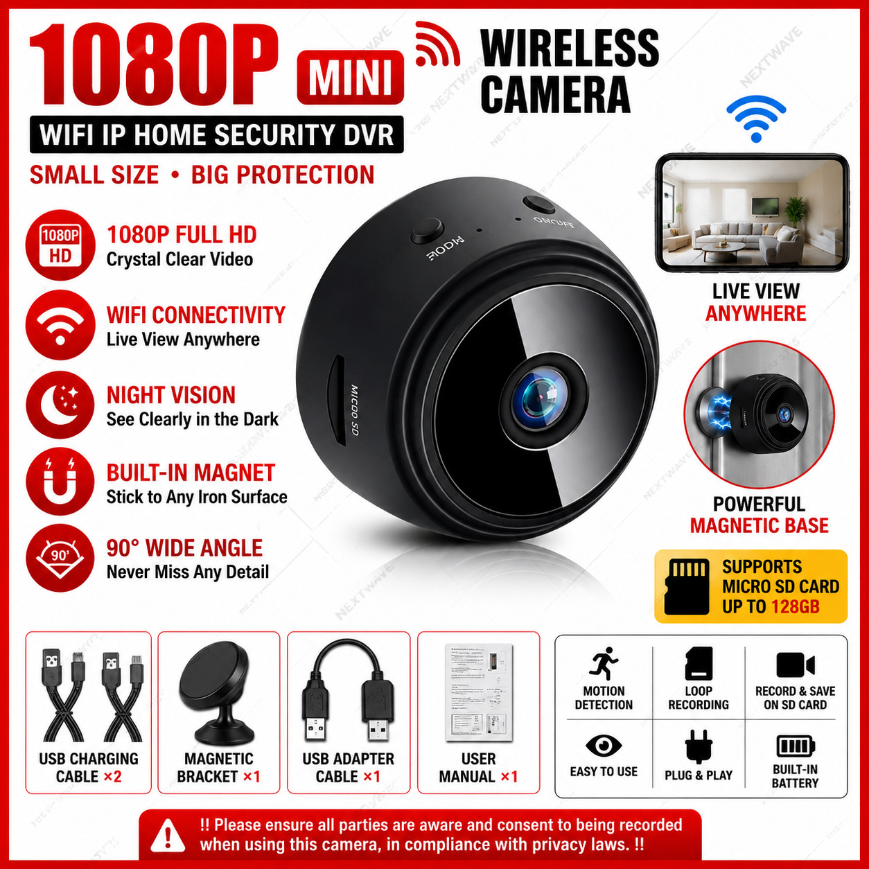 Mini Wireless WiFi Camera 1080P HD Night Vision Home Security DVR