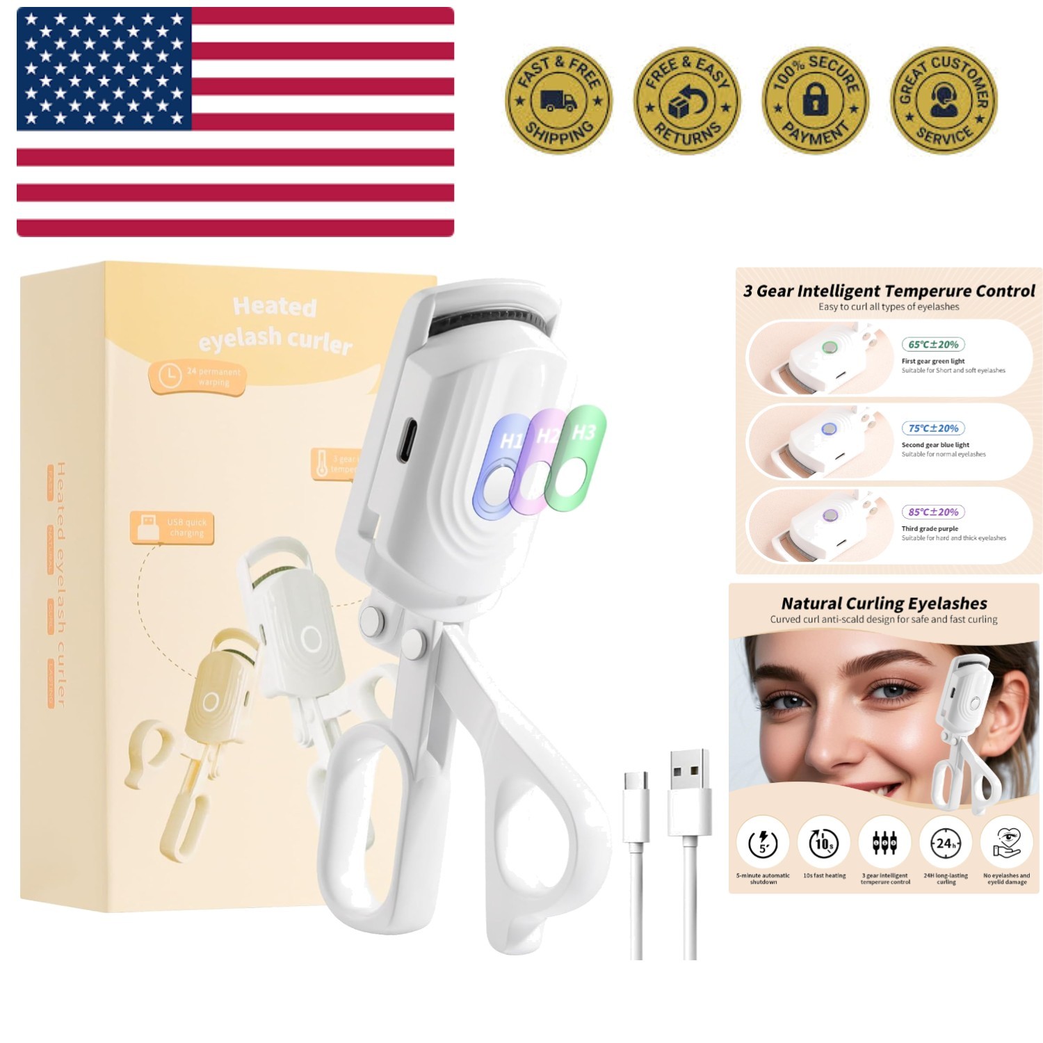 Heated Eyelash Curler fast heat up within 10s, 24 hours long lasting Electric...
