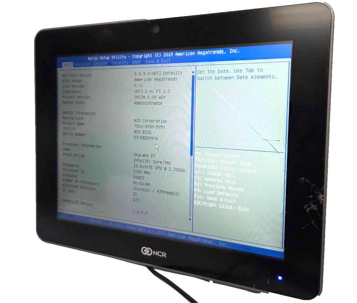 NCR XR7 Plus 15" POS  i3-6100TE 8GB/120GB SSD, No OS/PSU, CRACKED SCREEN, WORKS!
