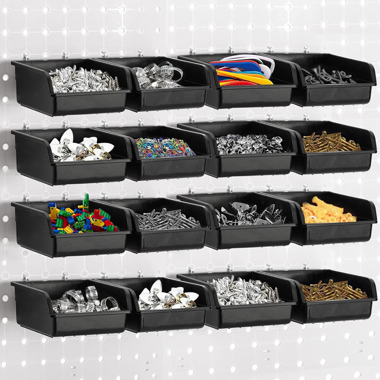 16 Pack Pegboard Bins with Metal Hooks, Black Garage Workbench Bins Cups Peg Boa