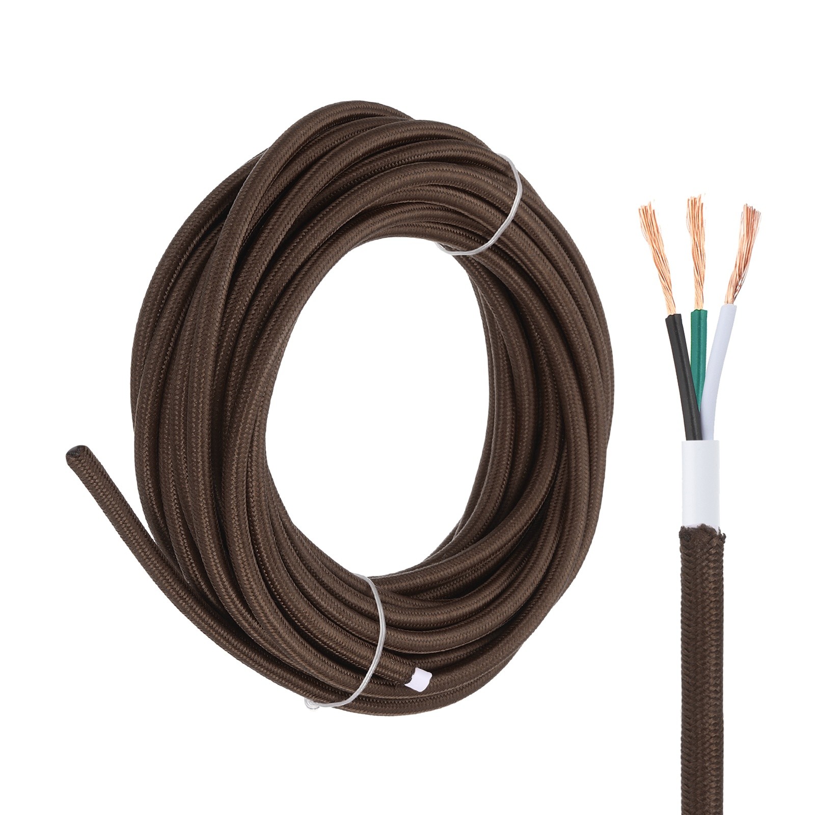 25Ft 18AWG 3 Conductor 300V Cloth Covered Lamp Wire Cord, Dark Brown