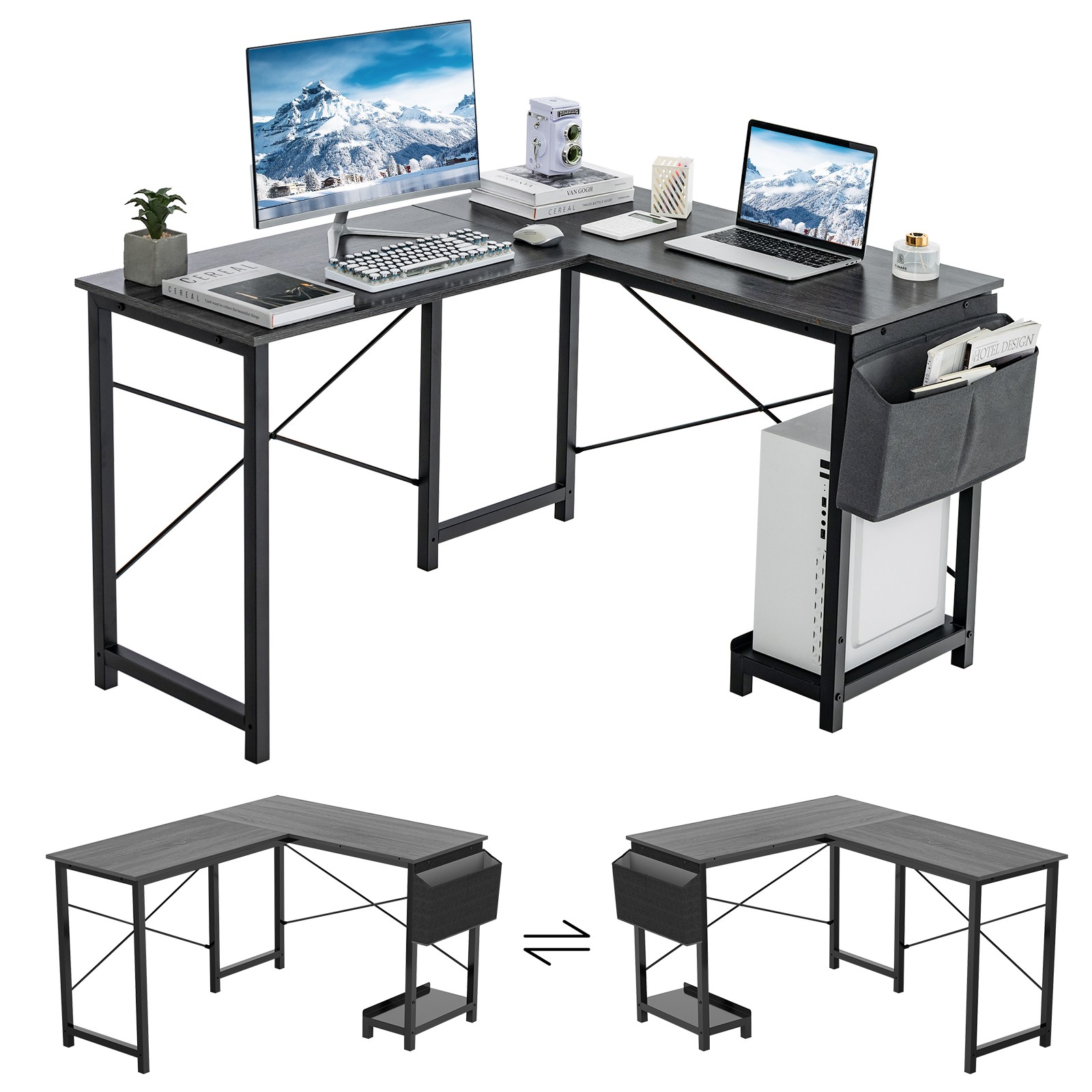 L-shaped Office Desk Corner Gaming Table w/ Storage Pocket & CPU Stand Dark Gray