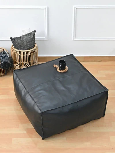 Boho Brown Leather Moroccan Footstool 20" Square Ottoman Pouffe Cover