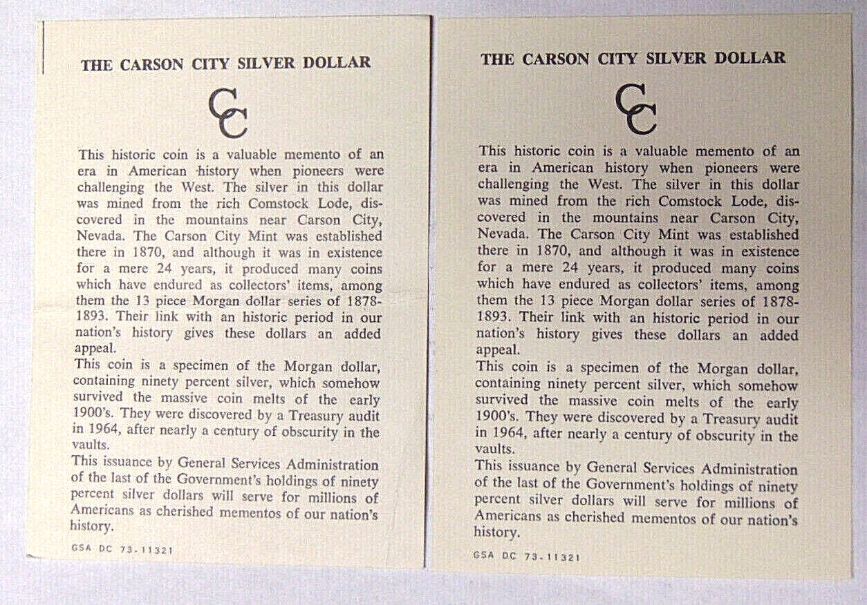 Lot of 2 GSA Cards Mixed Carson City Category (GSA DC 73-11321)