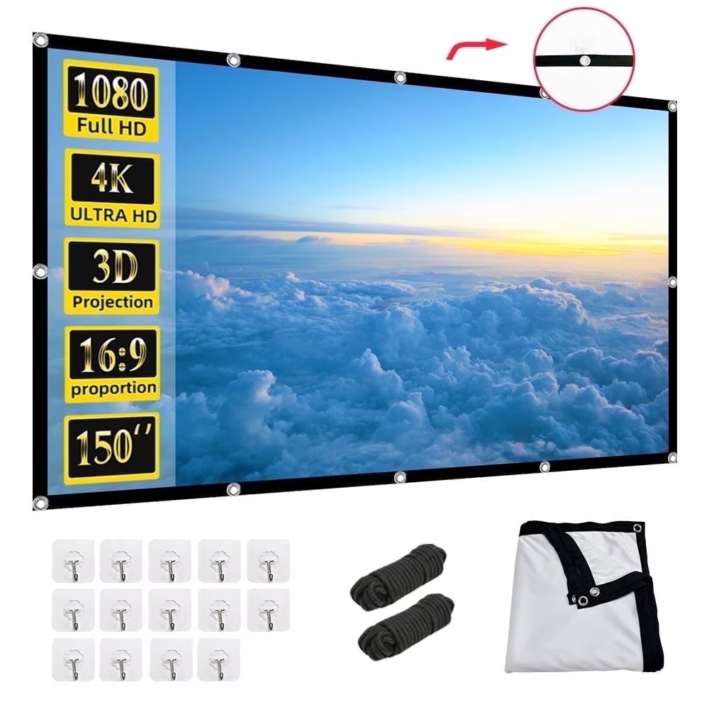 150" Projector Screen Outdoor Indoor 16:9 4K HD Foldable Home Theater