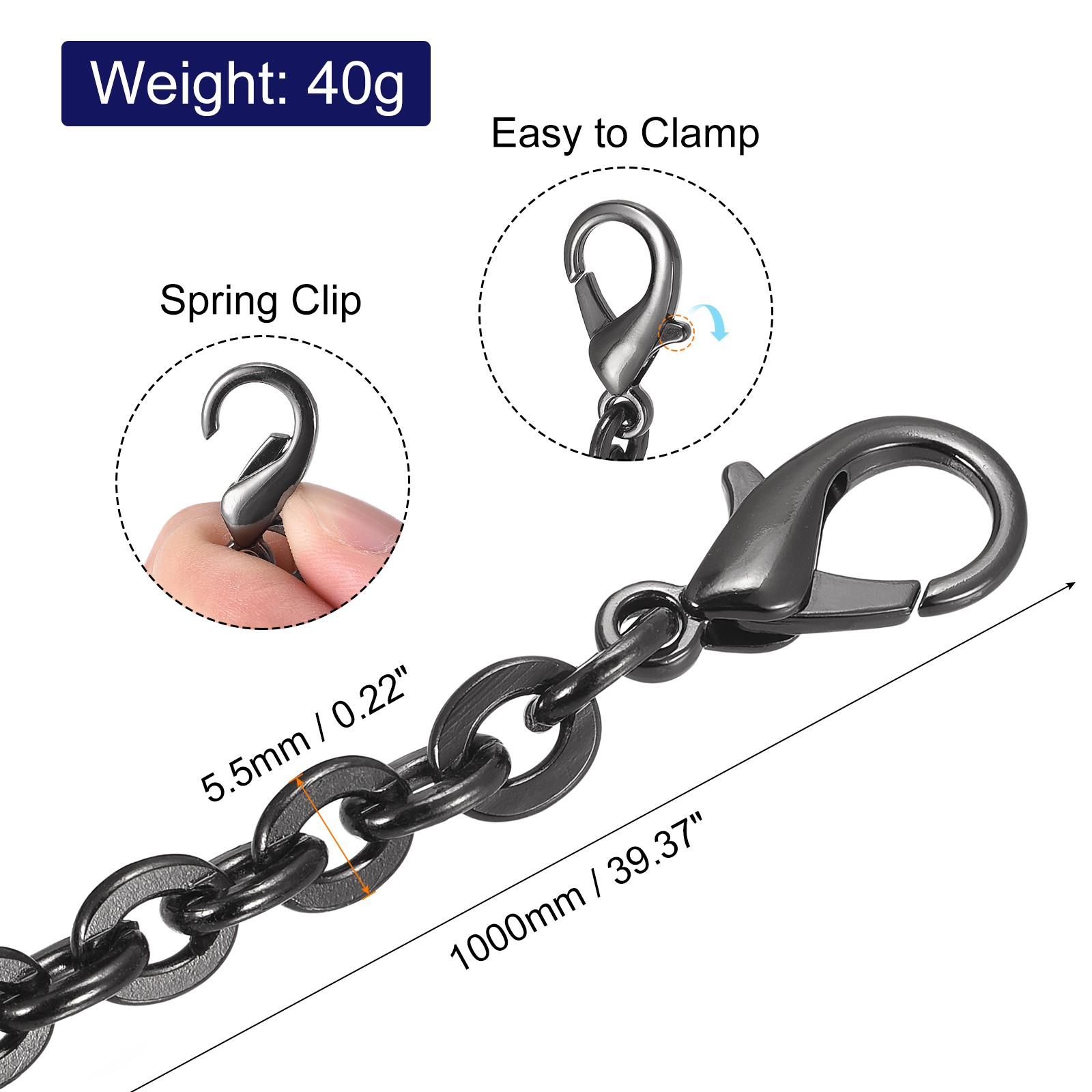 39"x0.22" Purse Chain Strap, Purse Handle Shoulder Replacement Strap, Black