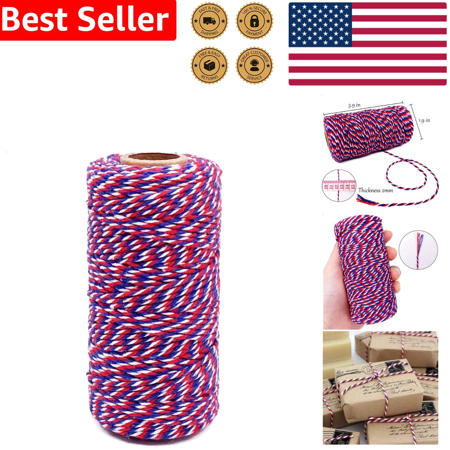 Cotton Baker Twine Red Blue 328ft 2mm Thick Gift Wrapping Crafts