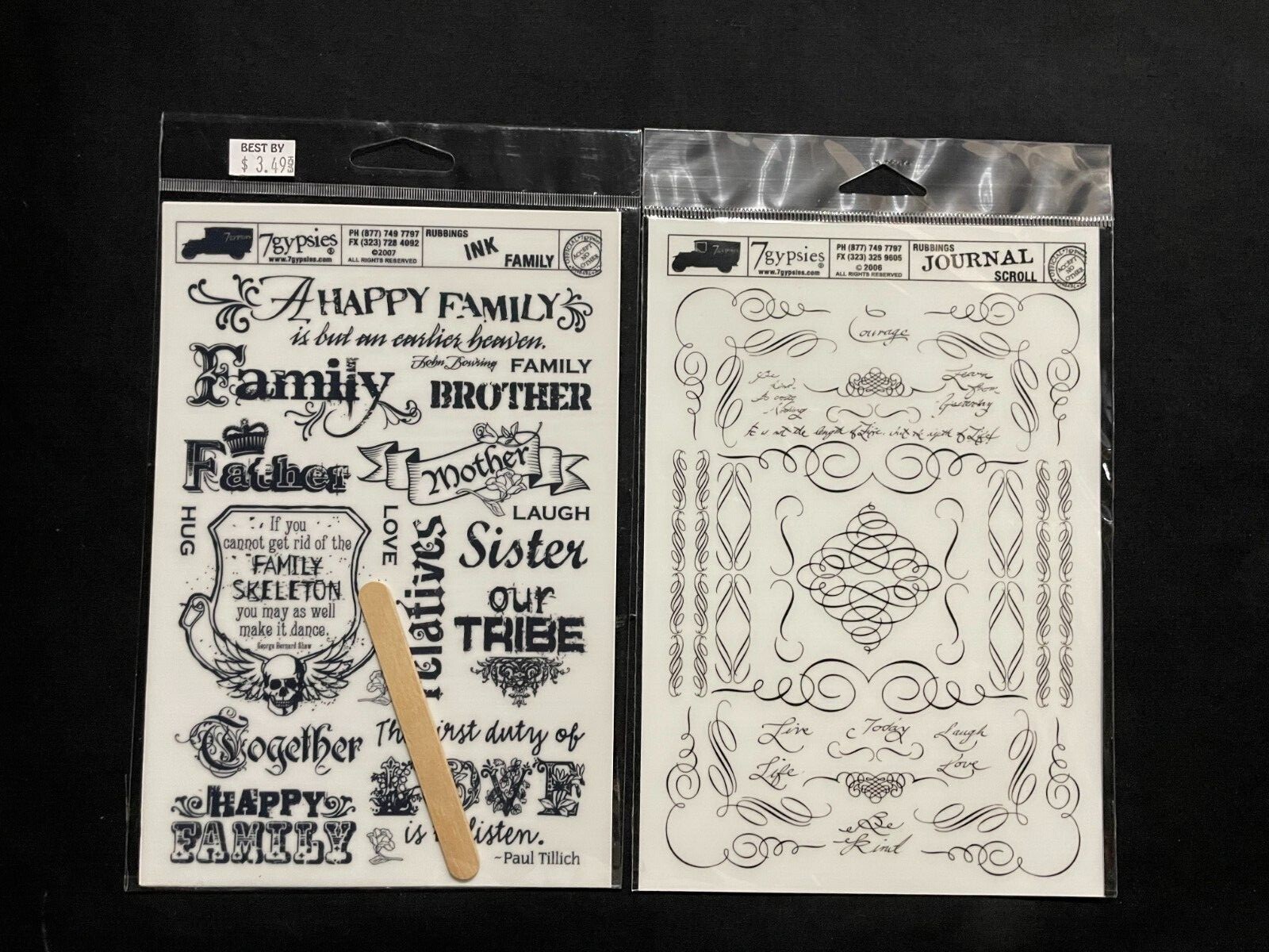 7 GYPSIES ASSORTED RUB-ONS - "INK FAMILY" AND "JOURNAL SCROLL"