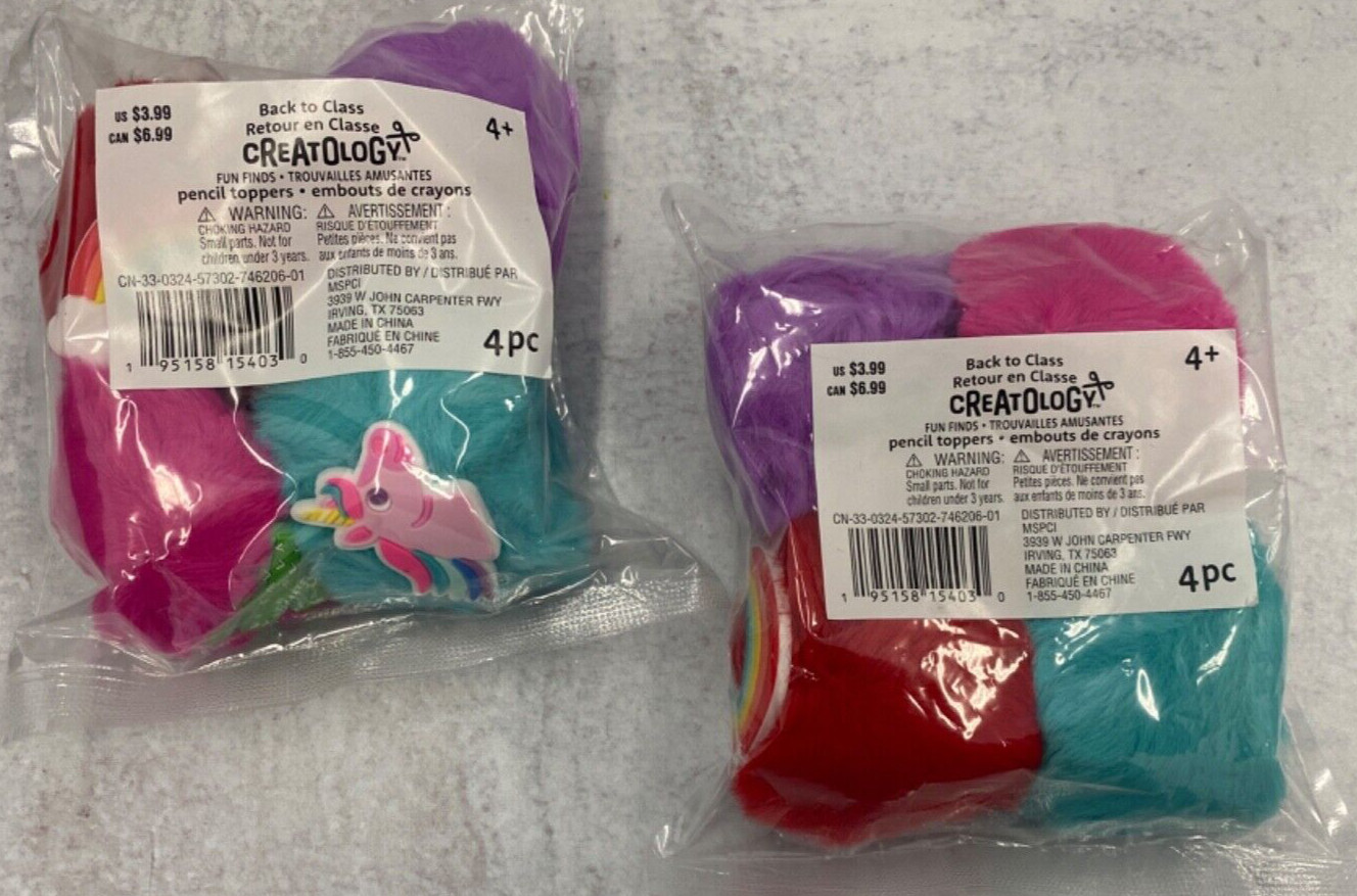 8 (2 packs of 4) fluffy pencil toppers teacher supply Back to school rainbow