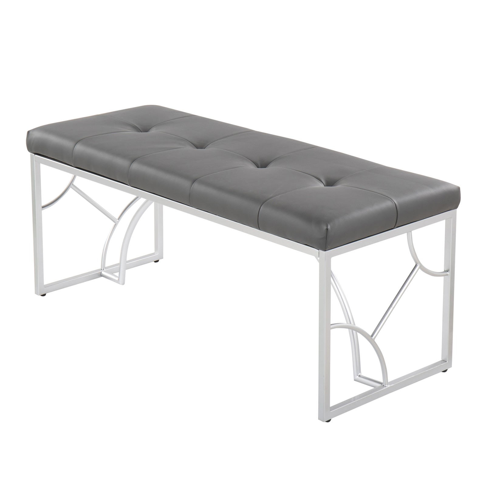 Constellation Contemporary Bench in Silver Metal and Grey Faux Leather