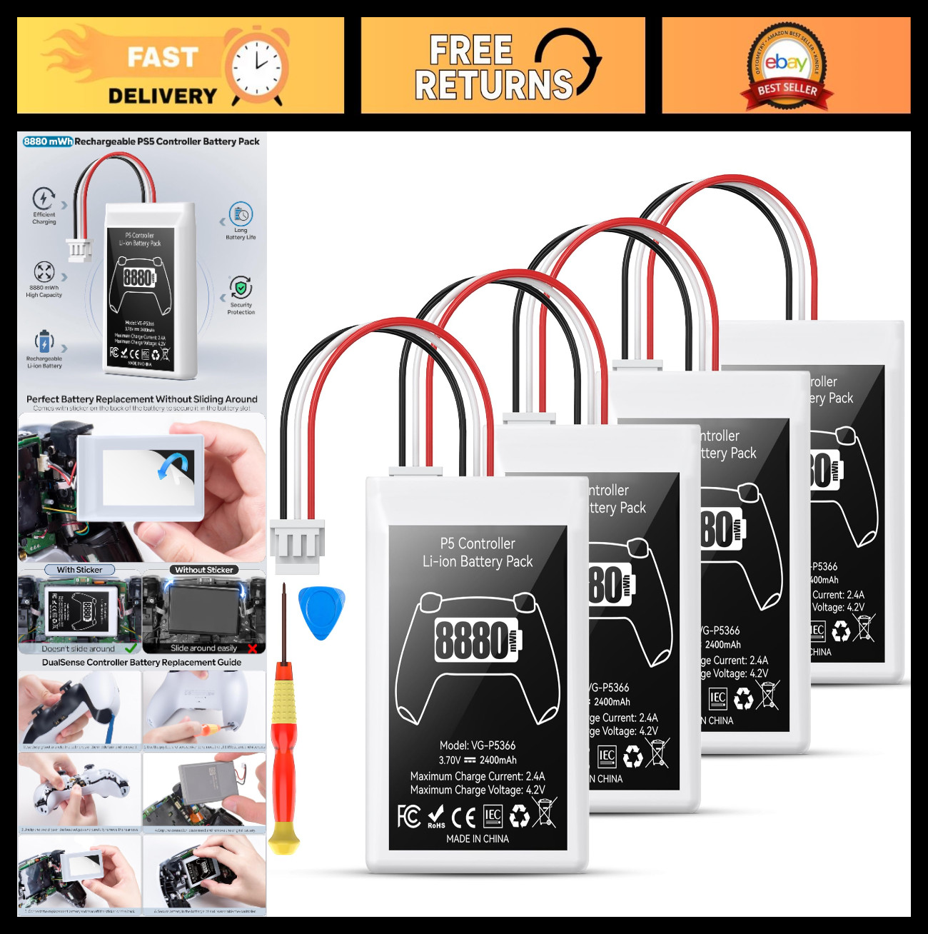 High Capacity PS5 Controller Battery Replacement Kit - 8880mAh, 4 Packs, Tools I