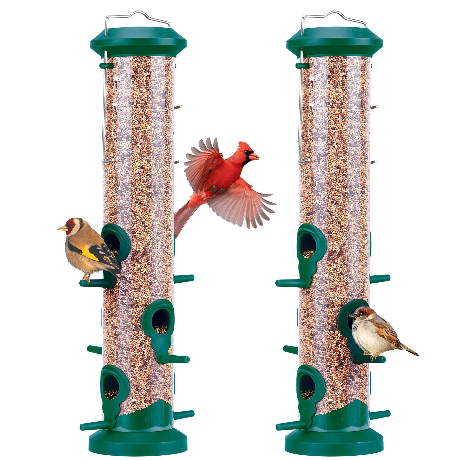 Kingsyard 2 Pack Tube Bird Feeders for Outdoors Hanging, Clear Tube, Green