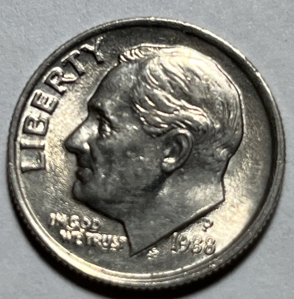 1988 P Roosevelt Dime Errors Strike Through Grease DDO Uncirculated #4