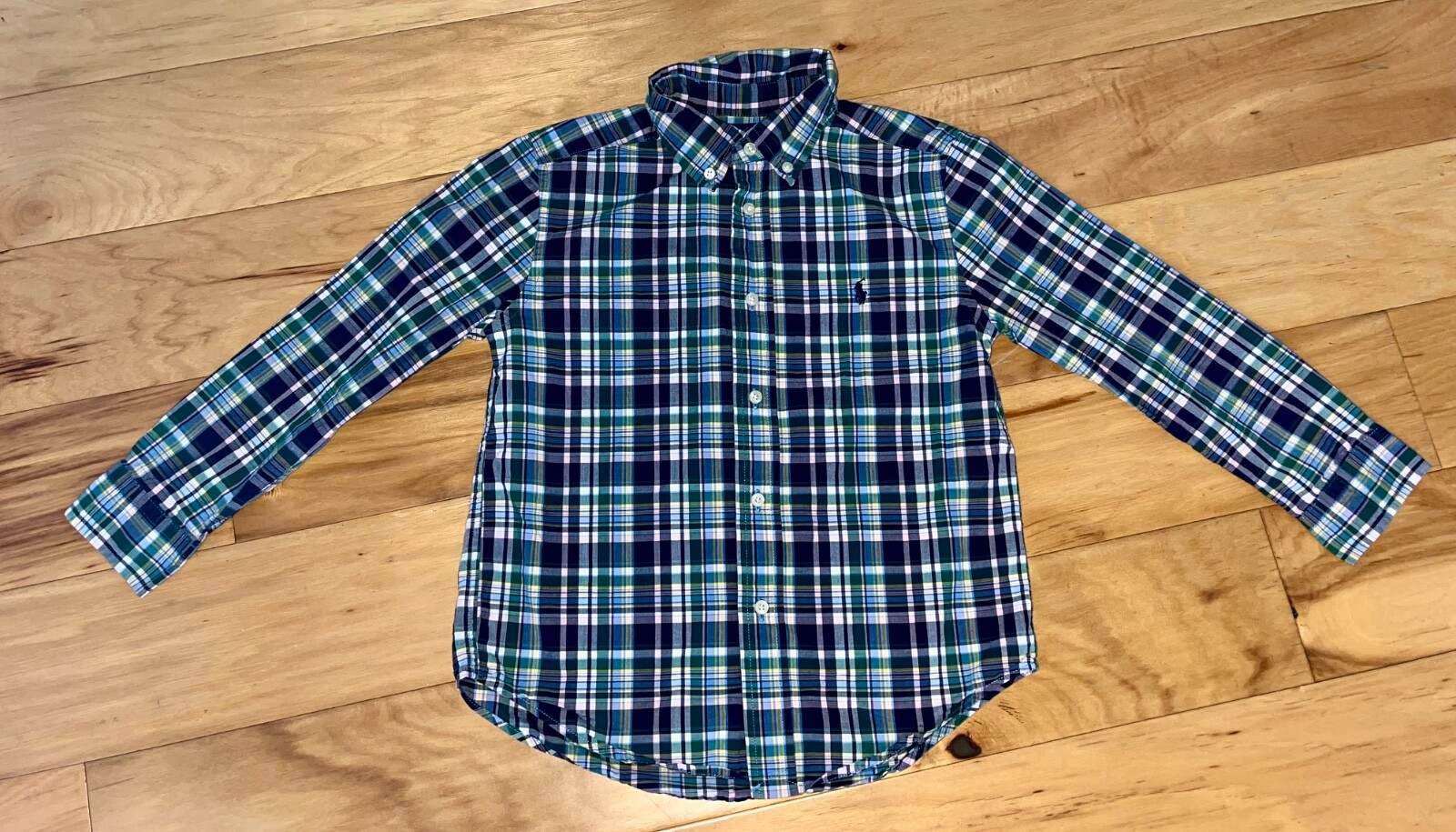 RALPH LAUREN BOYS NAVY BLUE & GREEN PLAID BUTTON DOWN SIZE 6 EXCELLENT COND LD5
