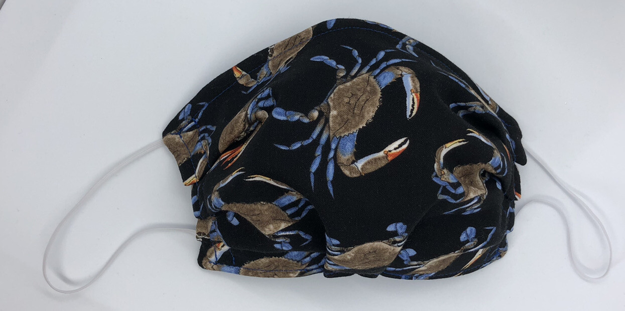 Blue Crabs On Black / Blue Back Face Mask Triple Layer Double Wire Full Fitted
