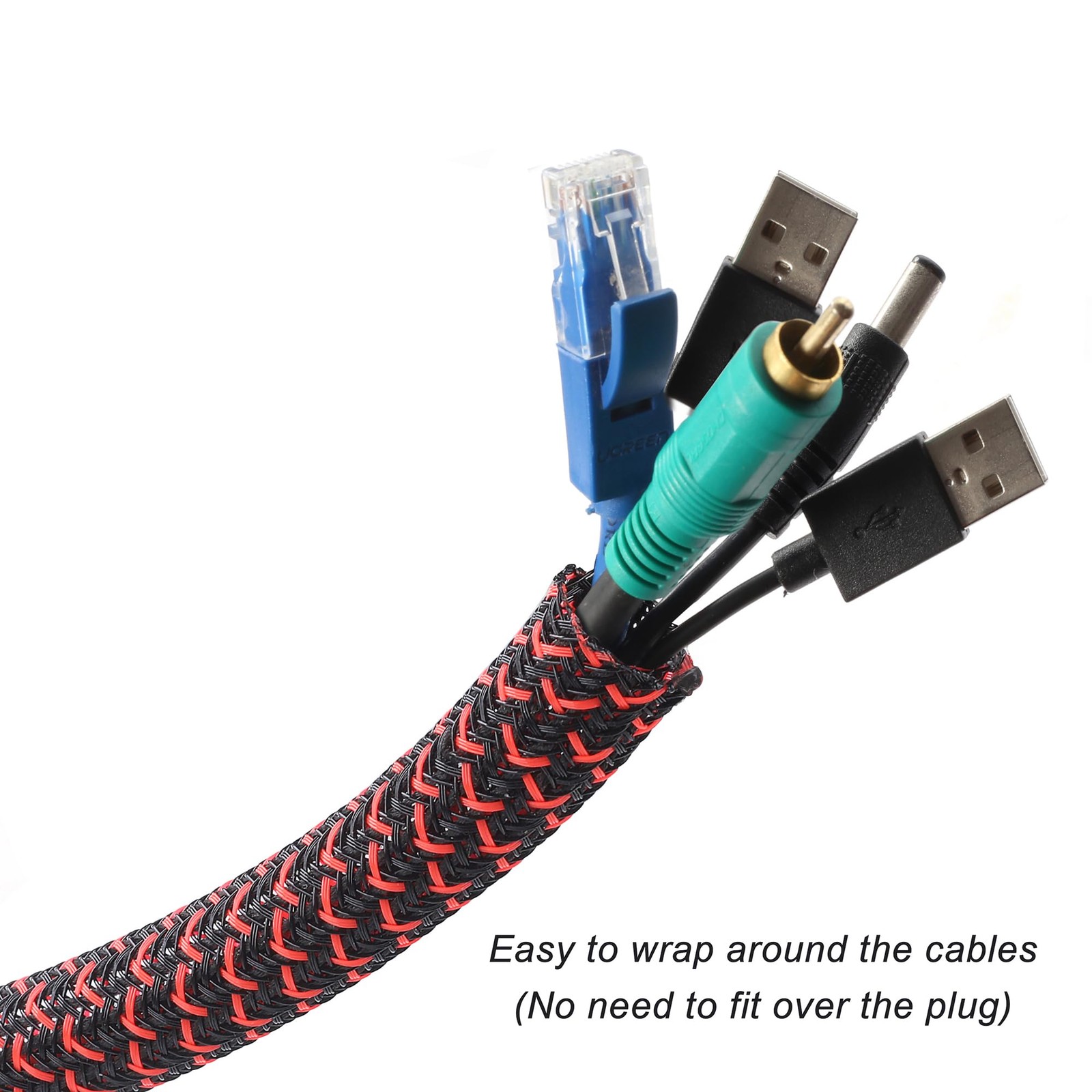 CrocSee 25ft 1/2in Braided Cable Sleeve - Self-Wrapping Split Loom Black/Red