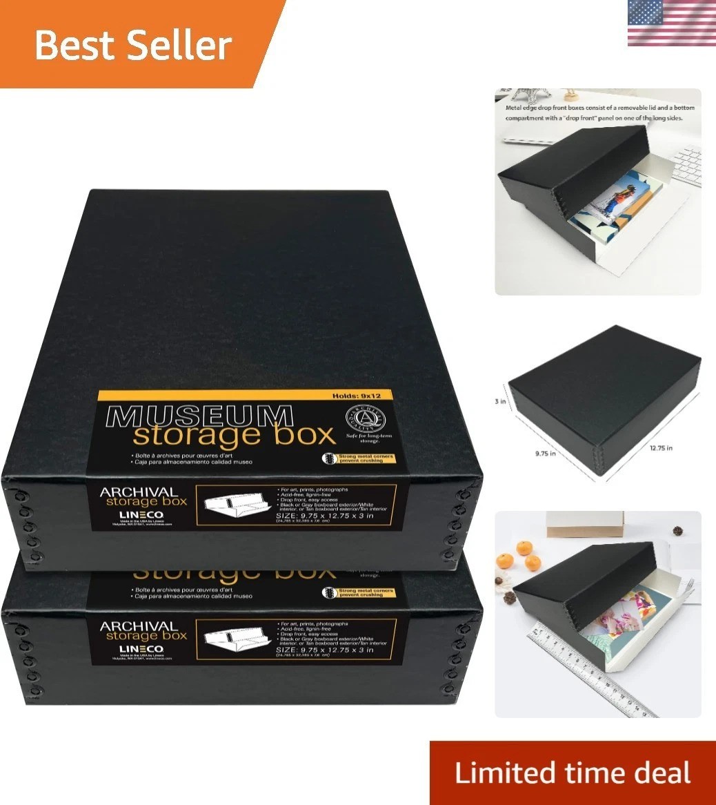 Drop Front Archival Storage Box, 9.75x12.75x3 in, Black, 2 Pack | Acid-Free w...