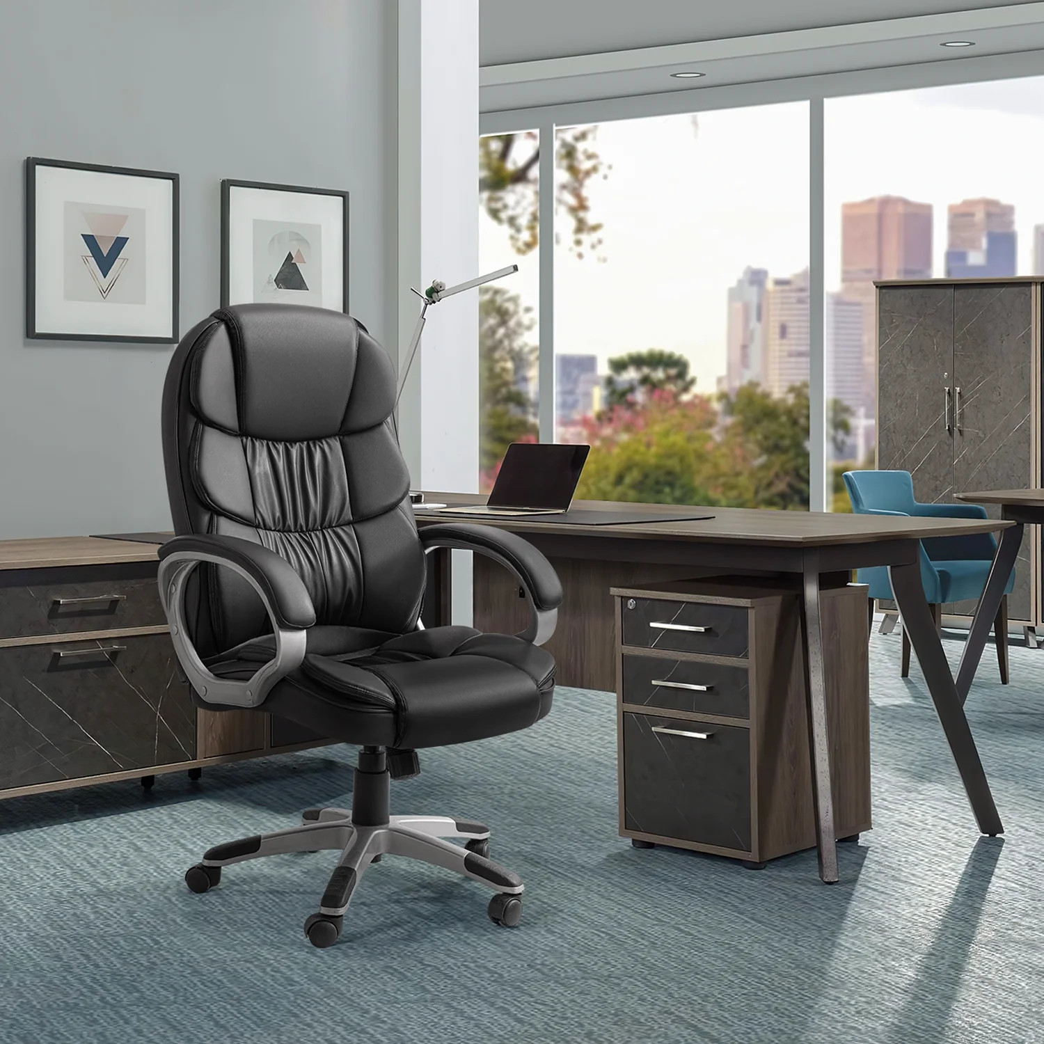 Leather High Back Office Chair Ergonomic Swivel Lumbar Padded Arms Black