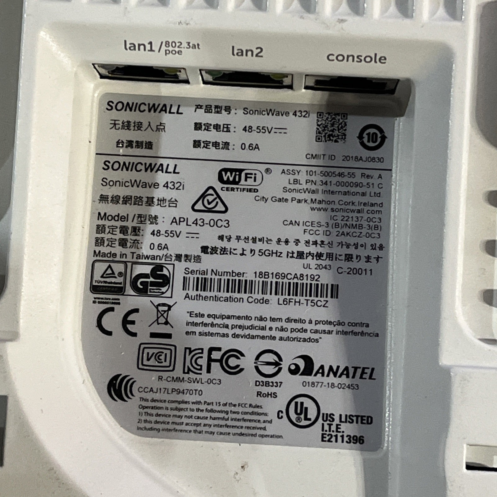 x4 SONICWALL SONICWAVE 432I WIRELESS POE WI-FI ACCESS POINT