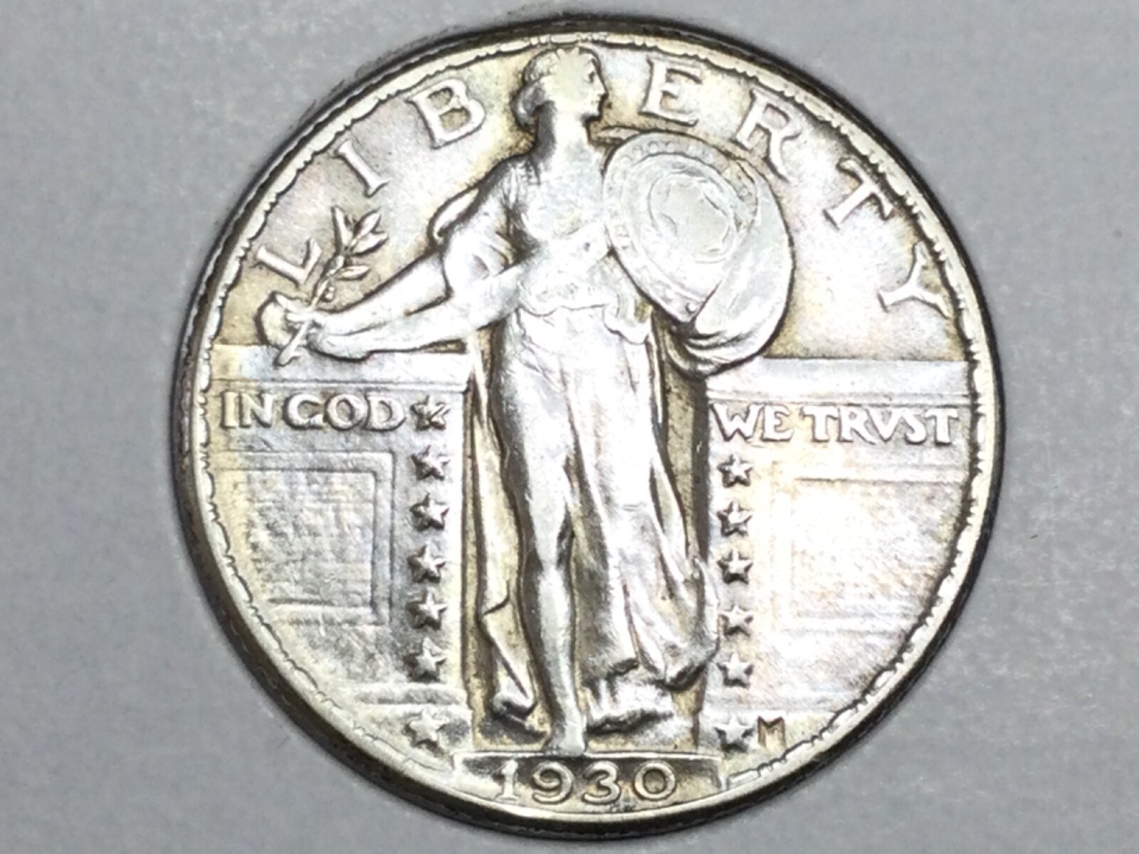 1930 white and flashy Standing Liberty Quarter in almost uncirculated plus