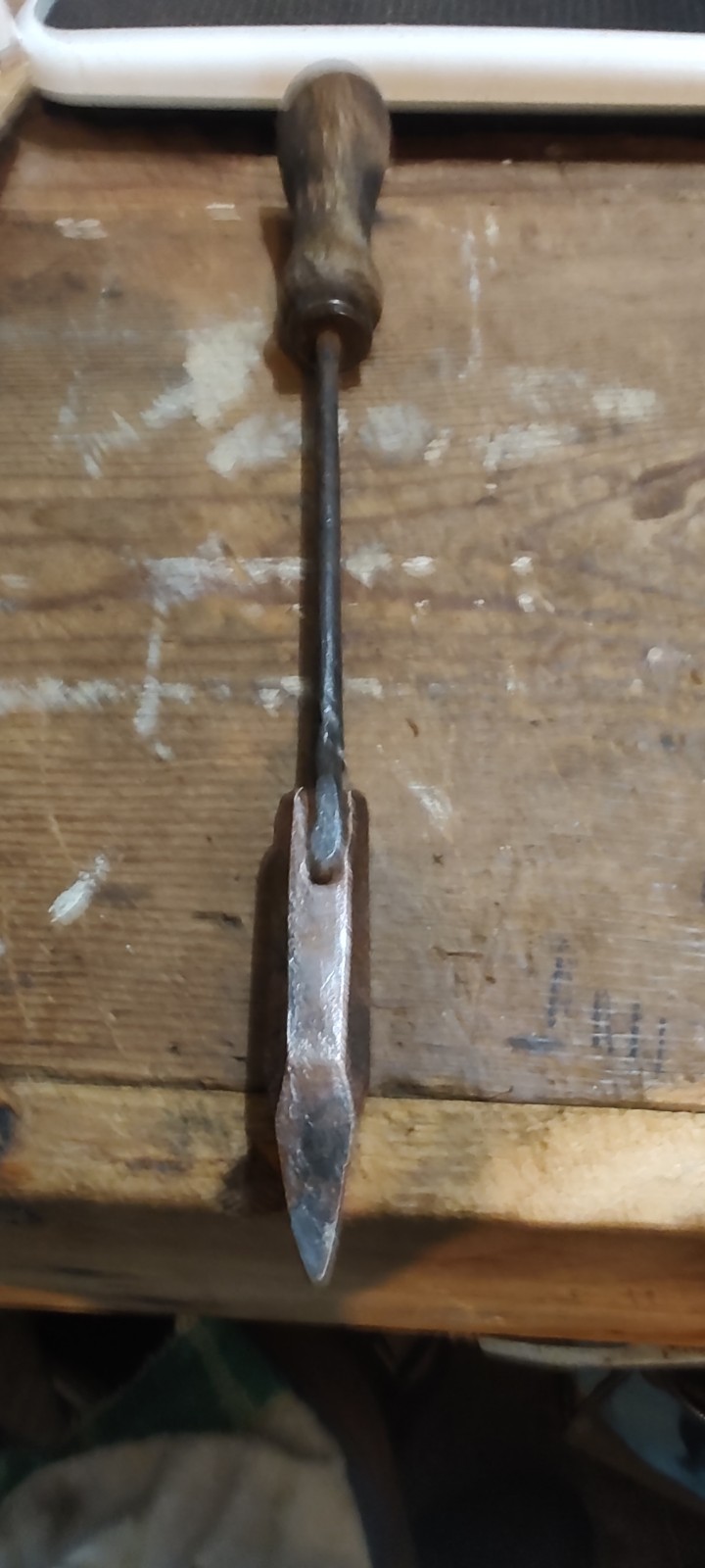 Soldering iron, flame heated copper tip with wood handle, Initial D.A.E .D
