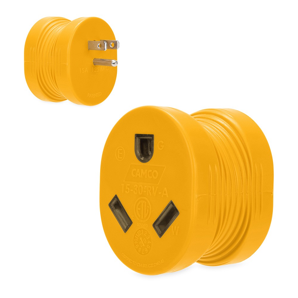 Camco Power Grip RV Adapter - 15Amp Male/30Amp Female 55223 UPC 014717552233