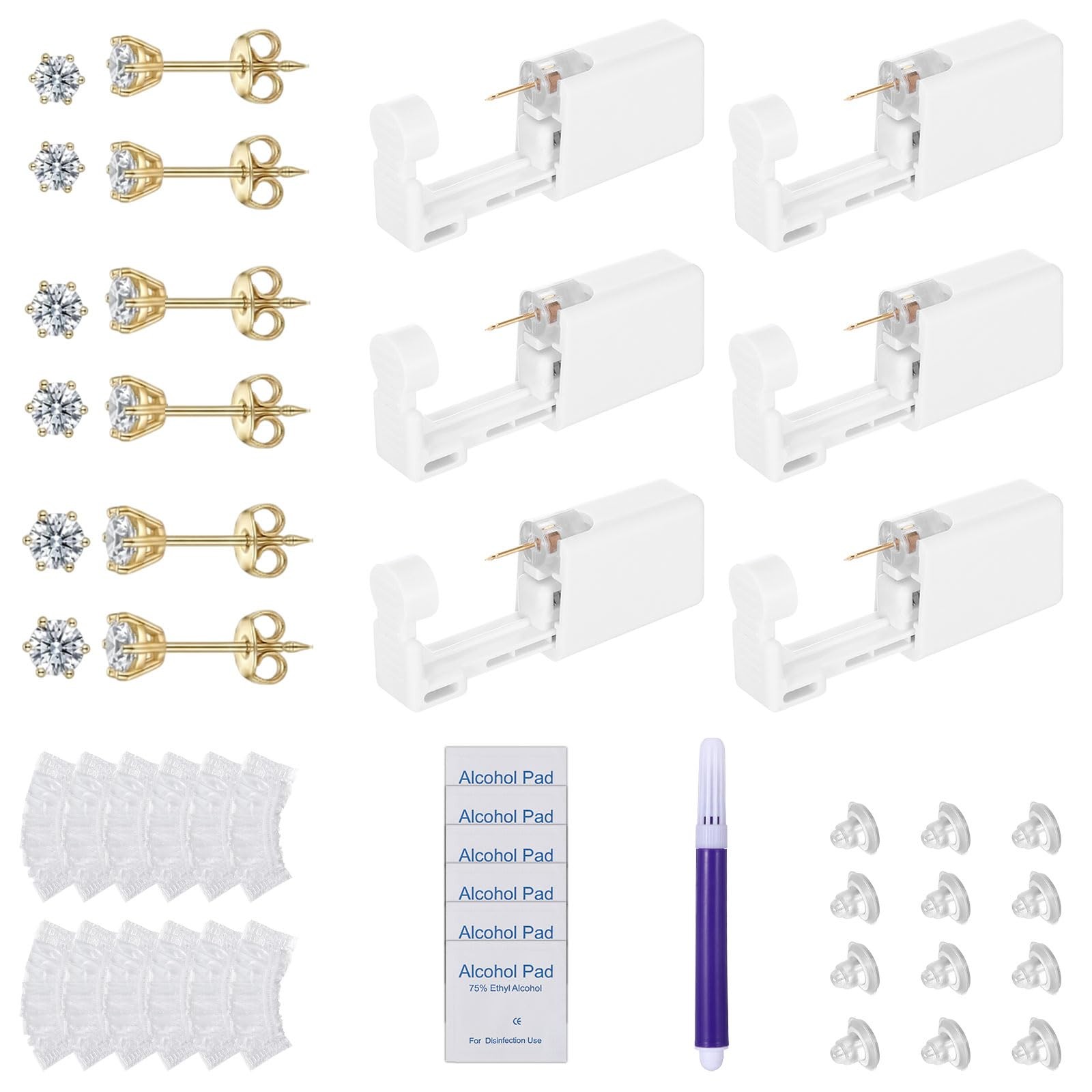 43 Pcs Ear Piercing Kit Disposable,Ear Piercing Kit with Self Earrings and Ea...