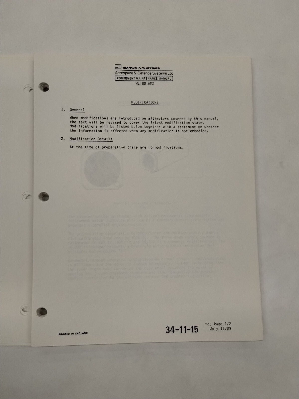 Smiths Industries Counter/Pointer Altimter WL 1801AM2 Maintenance/Parts-Original