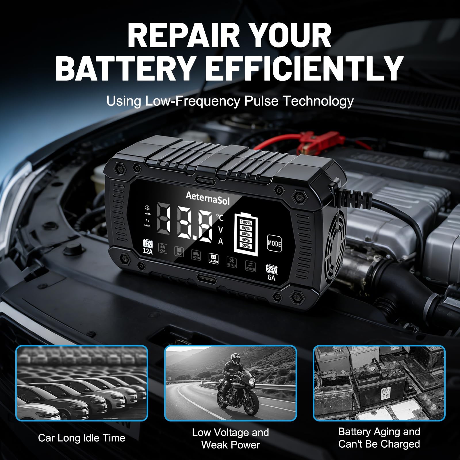 12V 24V Smart Battery Charger, 12A Efficient Fully Auto