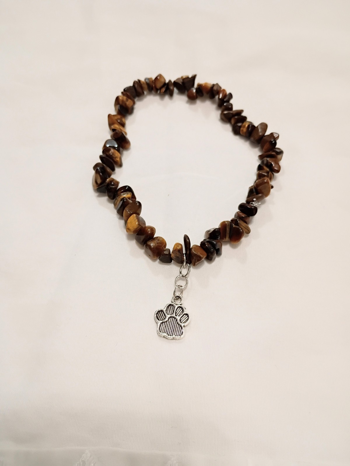 Handmade Yellow Tiger Eye Gemstone Chip Beaded Stretch Bracelet Dog Paw Charm