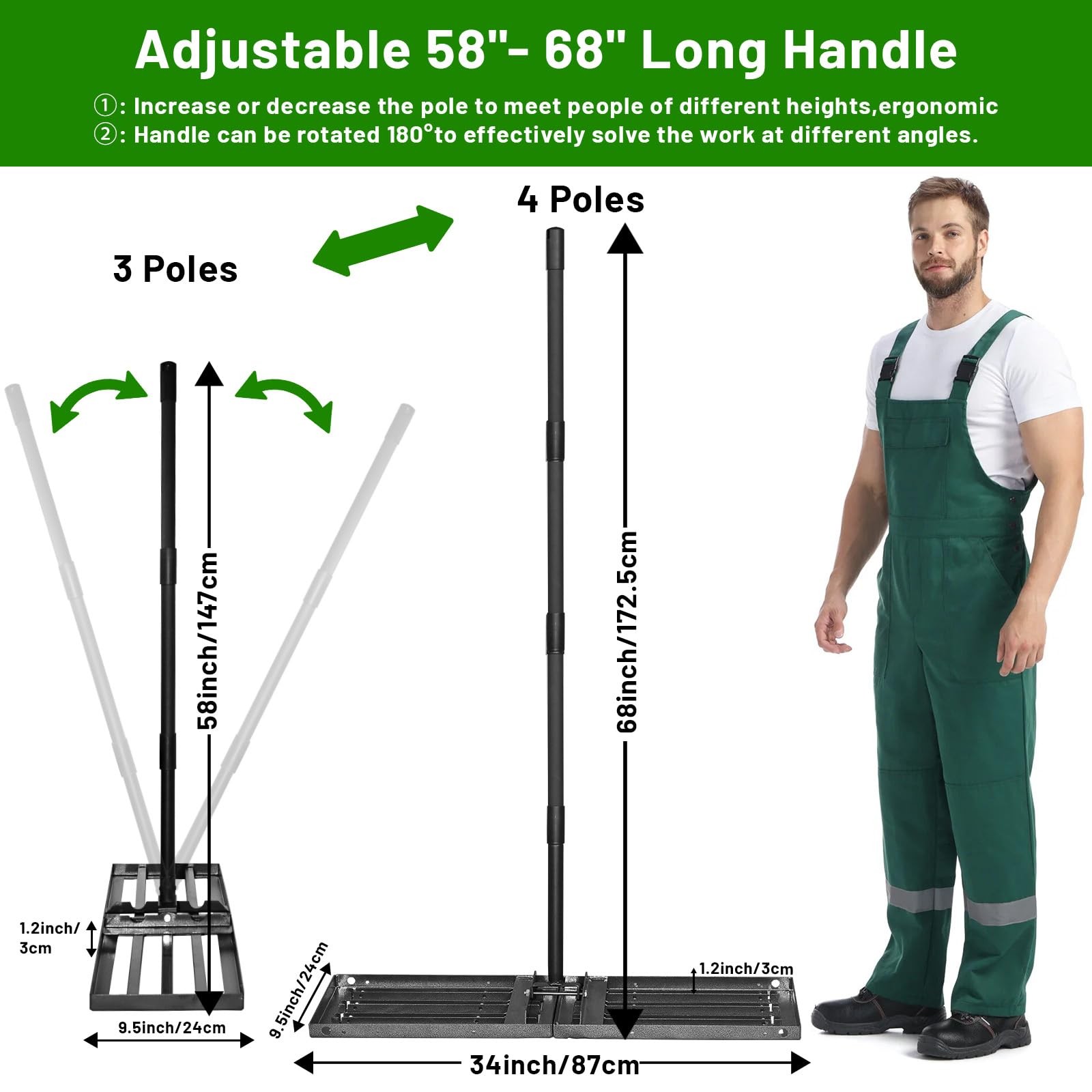 Adjustable Lawn Leveling Rake 34"x10" - Heavy Duty Tool for Soil & Grass