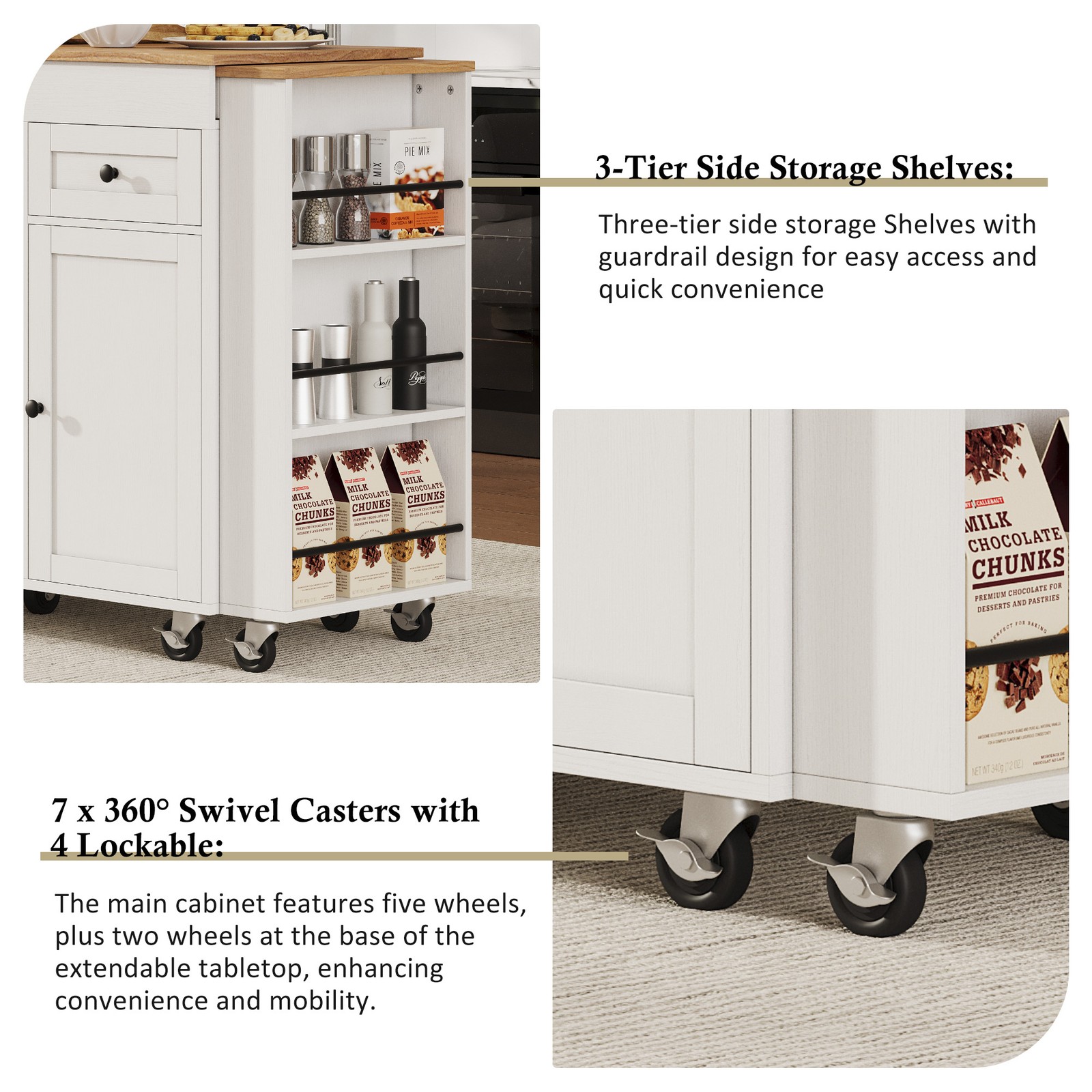 White Kitchen Island with Extendable Dining Table, 3 Drawers, 2 Doors, 85.5"