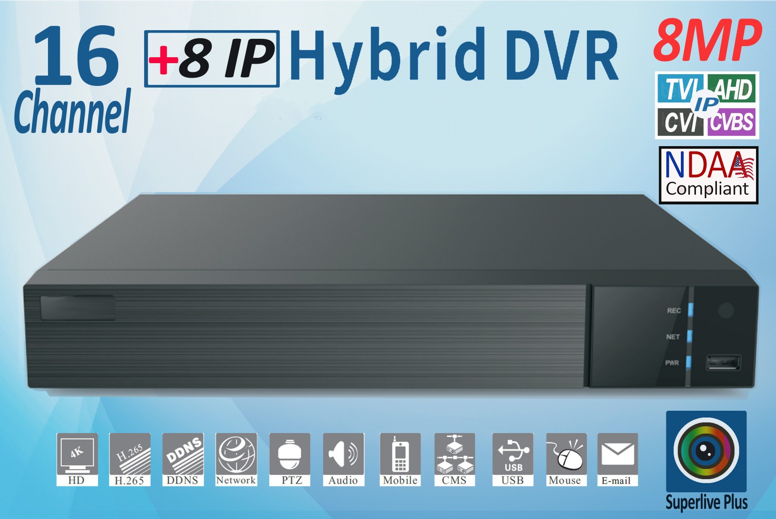 SuperLive Plus 8MP 16CH 4K HD Analog Hybrid DVR, NDAA Compliant with HDD Options