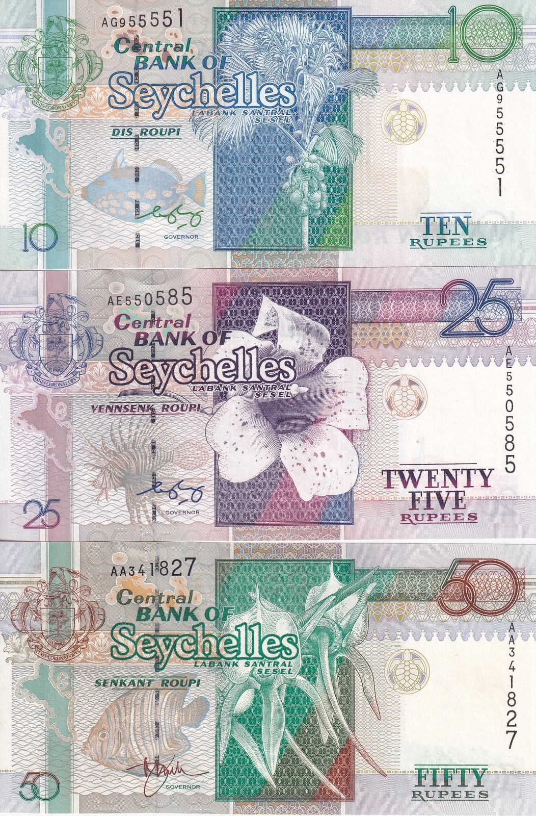Seychelles Set 3 UNC 10 25 50 Rupees Radom Date P 36 37 38 Without Swordfish Foi