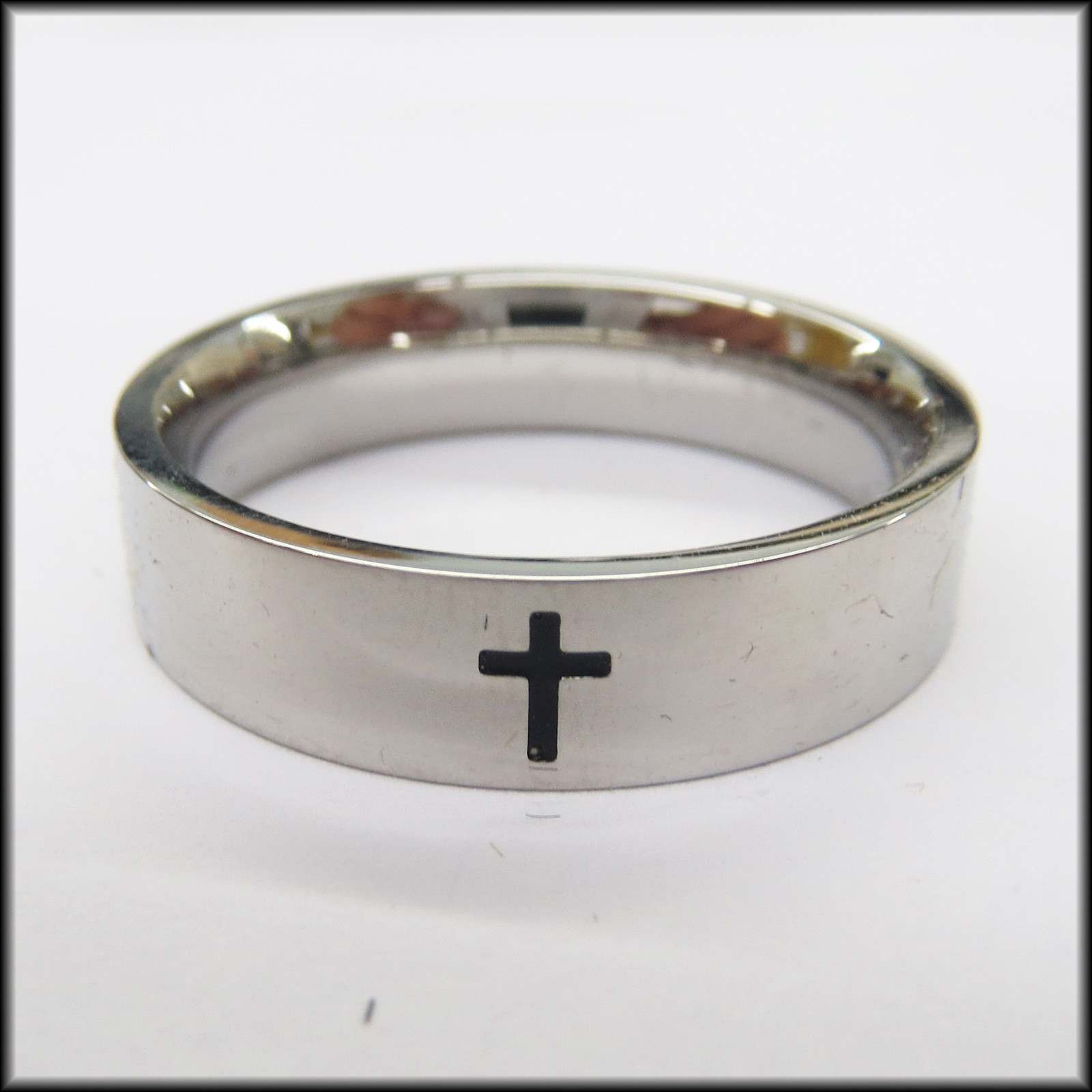 Stainless Steel Stamped Ring 6mm, High Polished Cross