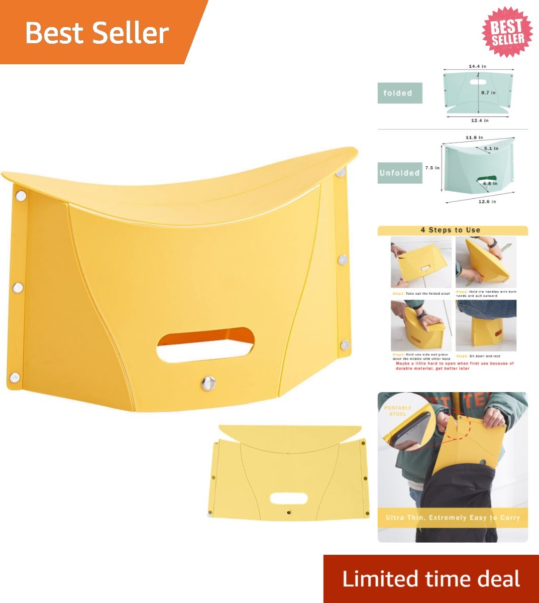 Portable Outdoor Stool - Ultralight Folding Chair for Hiking & Camping - Yellow