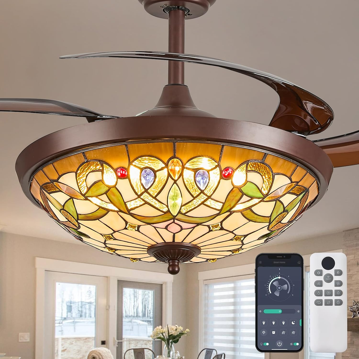 Ceiling Fan with Light - 48" Retractable Ceiling Fan Chandelier Fan, App Control