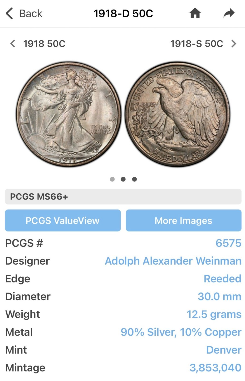1918 D Walking Liberty Silver Half Dollar 50c Excellent Shape!