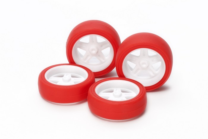 Tamiya 15504 1/32 Mini 4WD Large Diameter 5-Spokes Wheels w/Hard Red Slick Tires