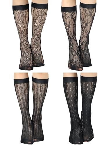 Geyoga 4 Pairs Women's Lace Socks Mesh Lace Knee High Socks for Women 5-9 Black