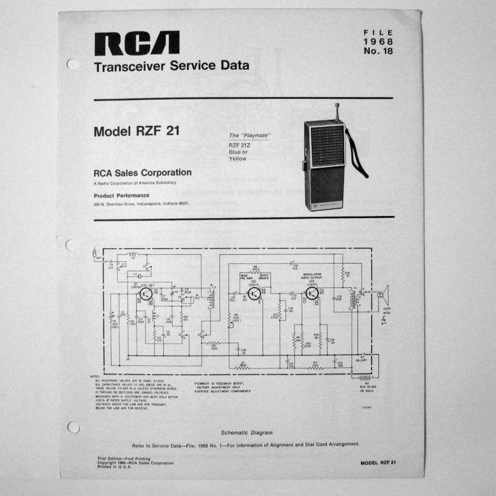 RCA ® Model RZF21 Portable Transceiver - Service Sheet © 1968
