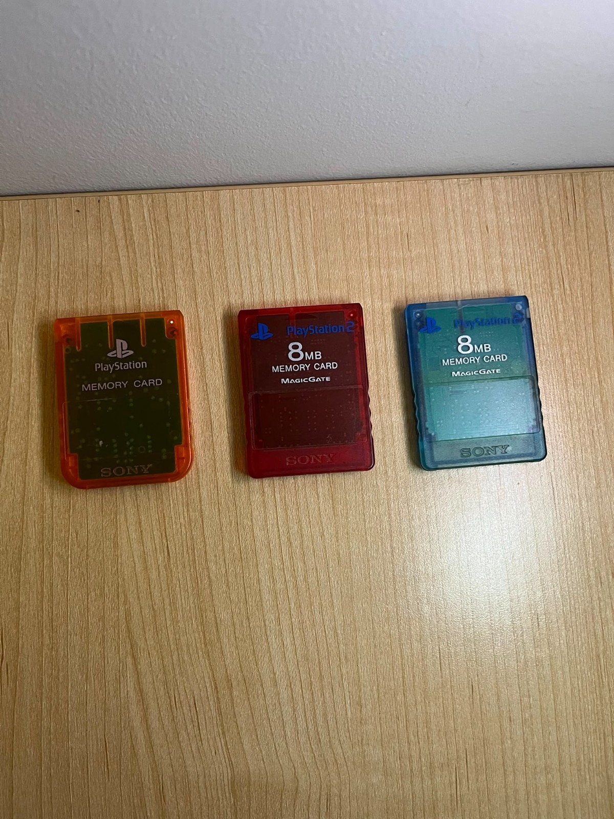 Lot of 3 PS2 8MB Memory Cards Red Blue Orange - 2 MagicGate Tested