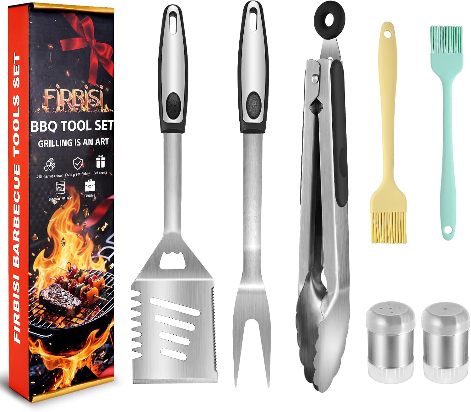 BBQ Grilling Tool Set 8PC – Spatula, Tongs, Fork, Brush & Seasoning Bottle