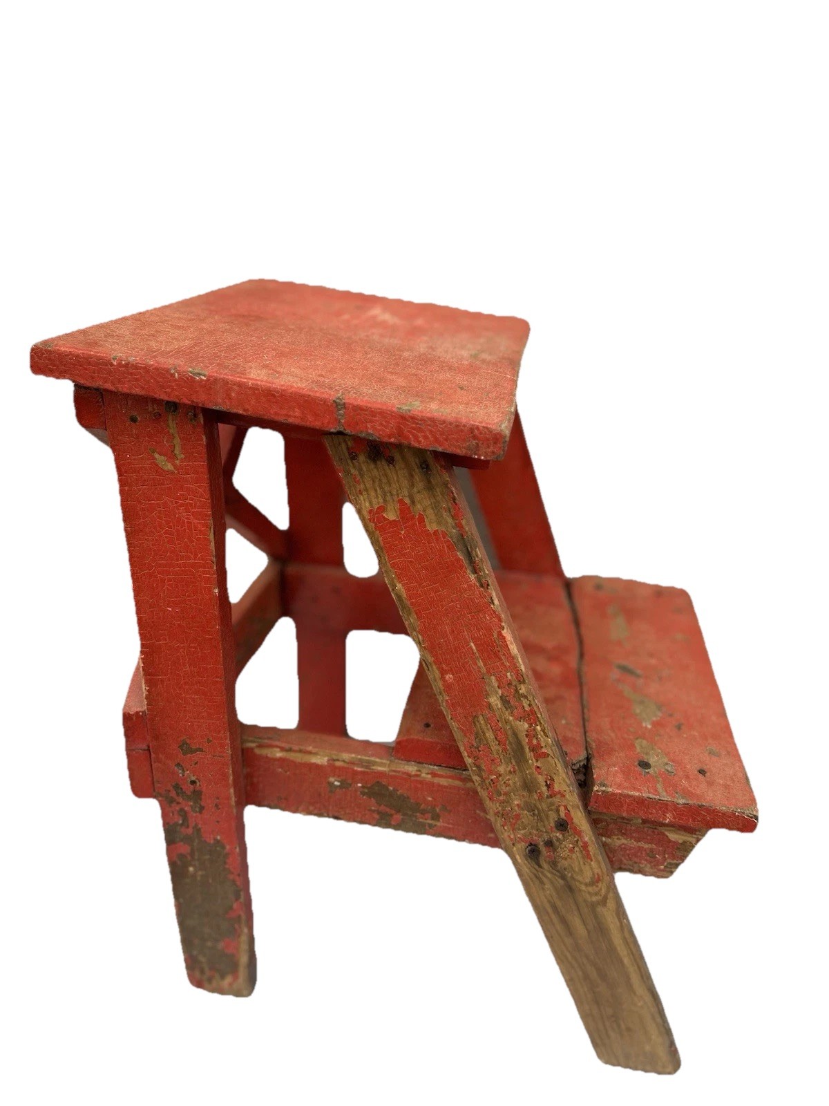 Vintage Rustic Solid Wood 2-Step Stool Farmhouse Bench Plant Stand Red 20+