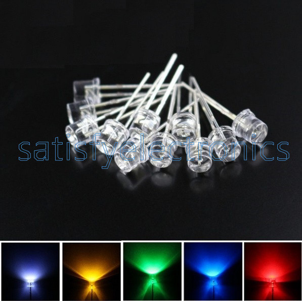 5MM  Flat Red Yellow Blue Green White LED Wide Angle Flat Head Light Lamp 2Pin