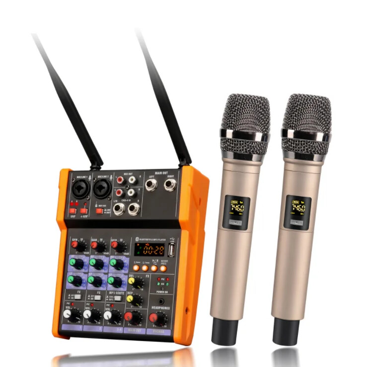 4 Channel Console Audio Amplifier Karaoke Dynamic Condenser Wireless Microphone