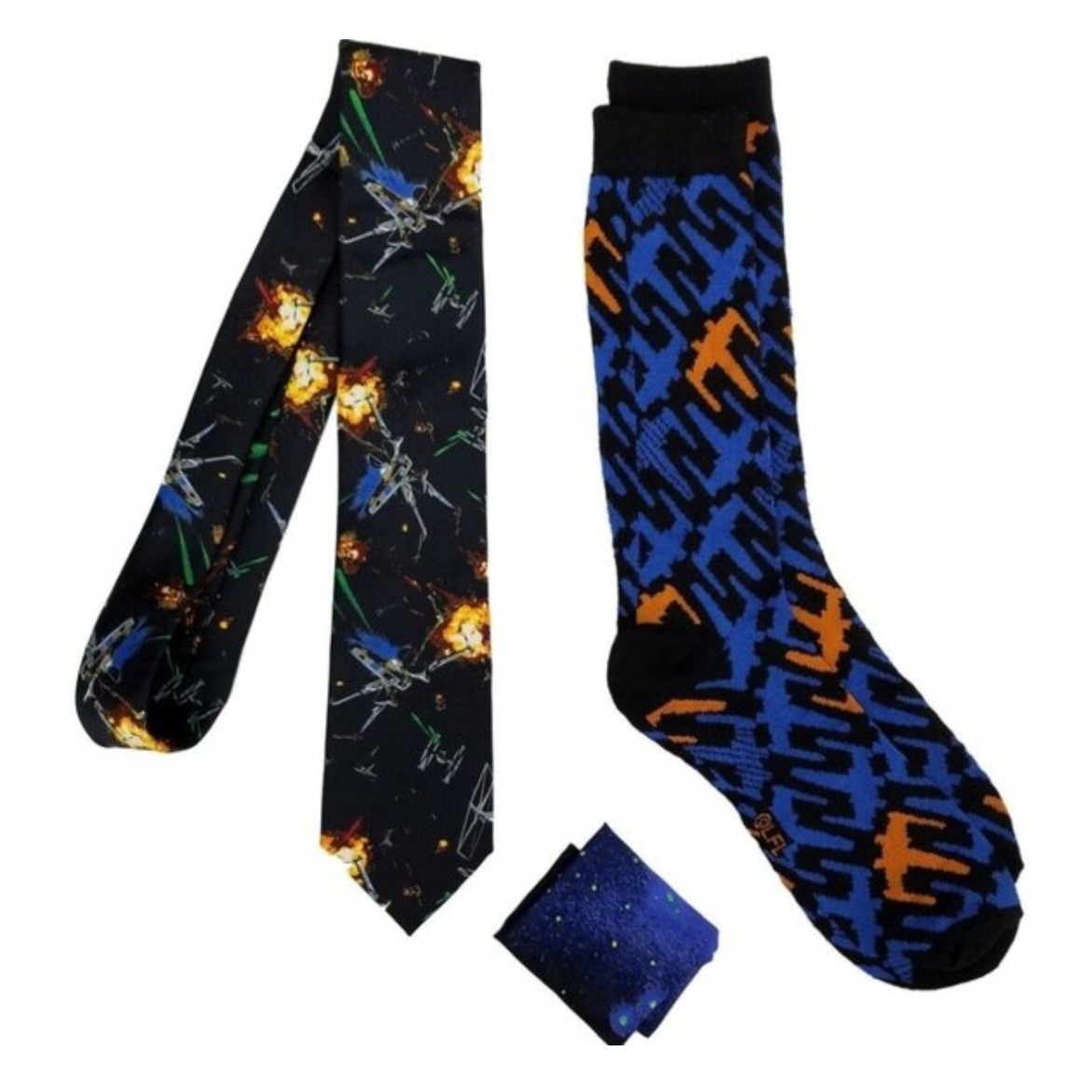 Star Wars Mens Necktie Pocket Square Crew Socks 3pc Gift Set X-Wing TIE Fighter